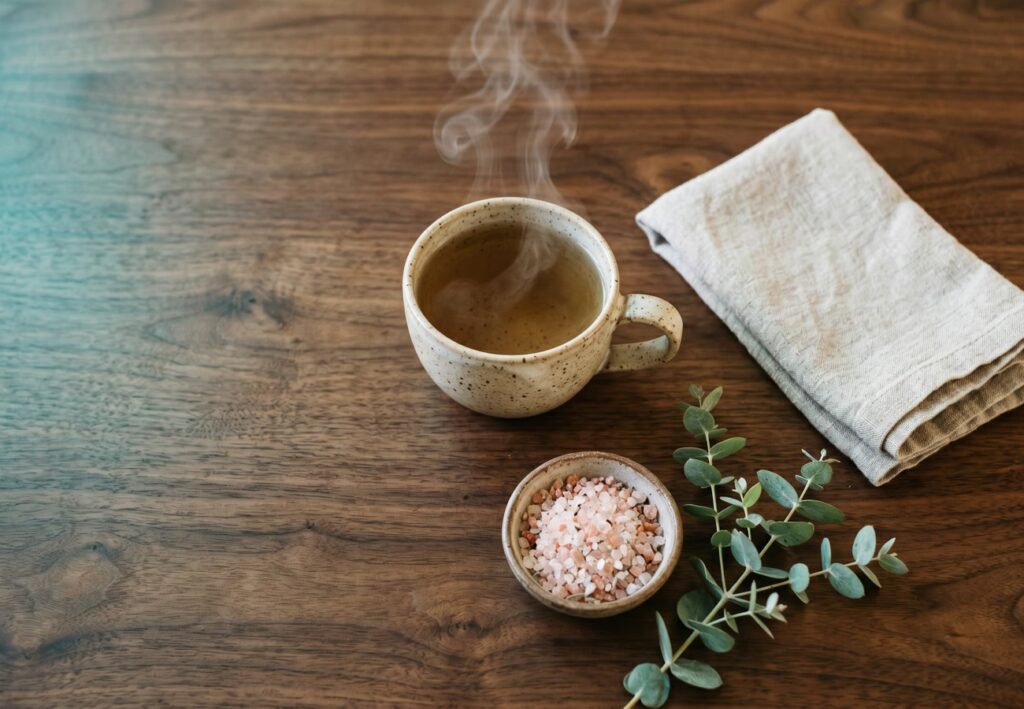 Steaming herbal tea, linen towel, bath salts and eucalyptus on a wood table — weekly massage self-care essentials