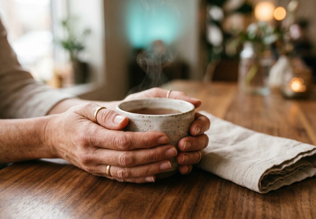 Hands cradling a warm ceramic teacup on a wood table — the welcoming tea ritual after every Anmowell session