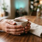 Hands cradling a warm ceramic teacup on a wood table — the welcoming tea ritual after every Anmowell session