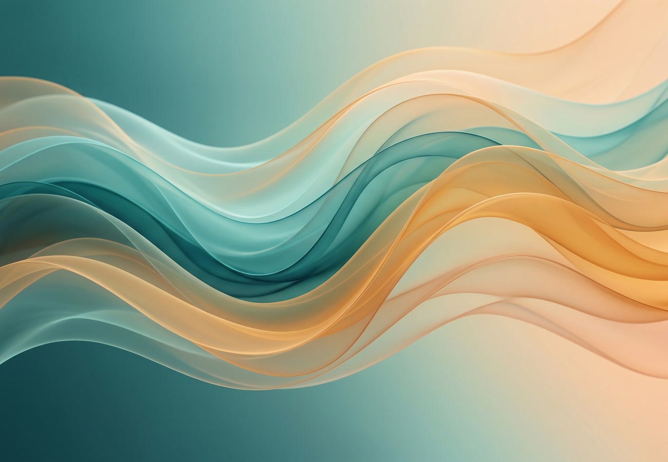 Soft teal and amber abstract wave forms representing wave and sonic massage therapy frequencies