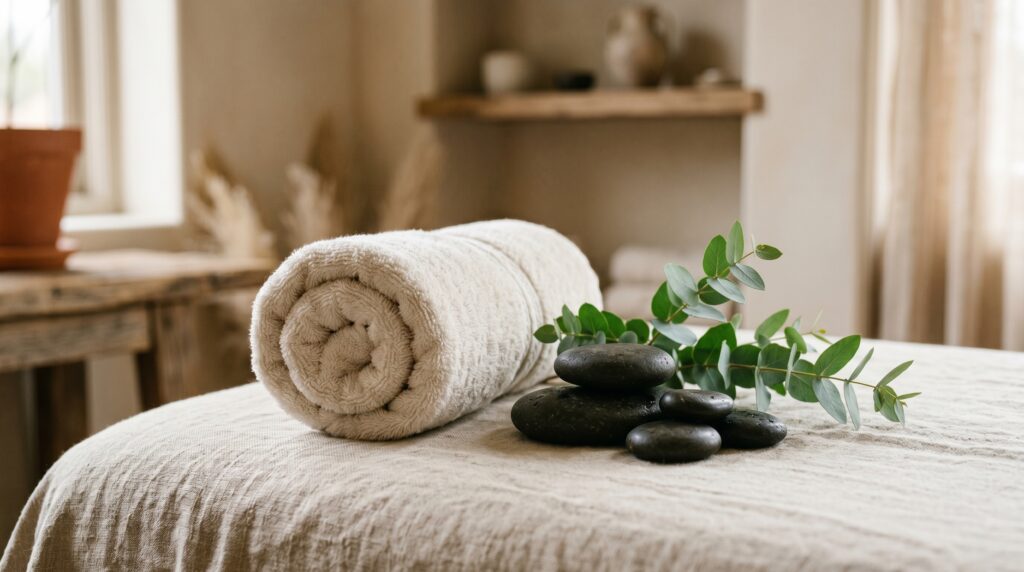 Calming wellness still life with eucalyptus, towel and smooth stones — relaxation near Fort Lee, NJ