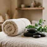 Calming wellness still life with eucalyptus, towel and smooth stones — relaxation near Fort Lee, NJ
