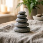 Balanced stacked smooth stones symbolizing relief and alignment — calming wellness imagery
