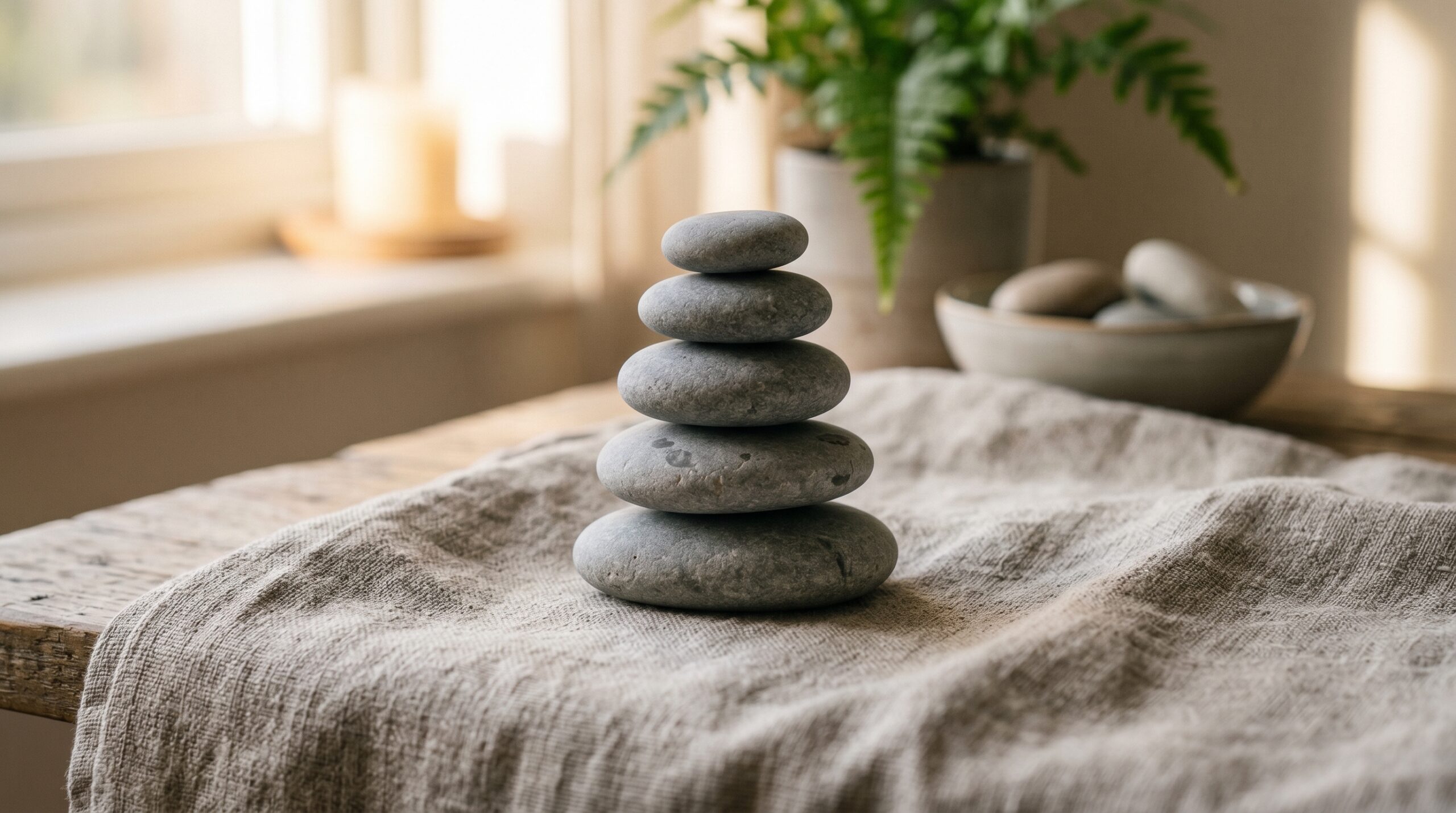 Balanced stacked smooth stones symbolizing relief and alignment — calming wellness imagery