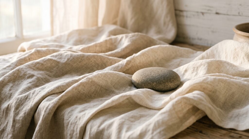 Soft draped linen and a smooth stone evoking released tension — calming wellness imagery