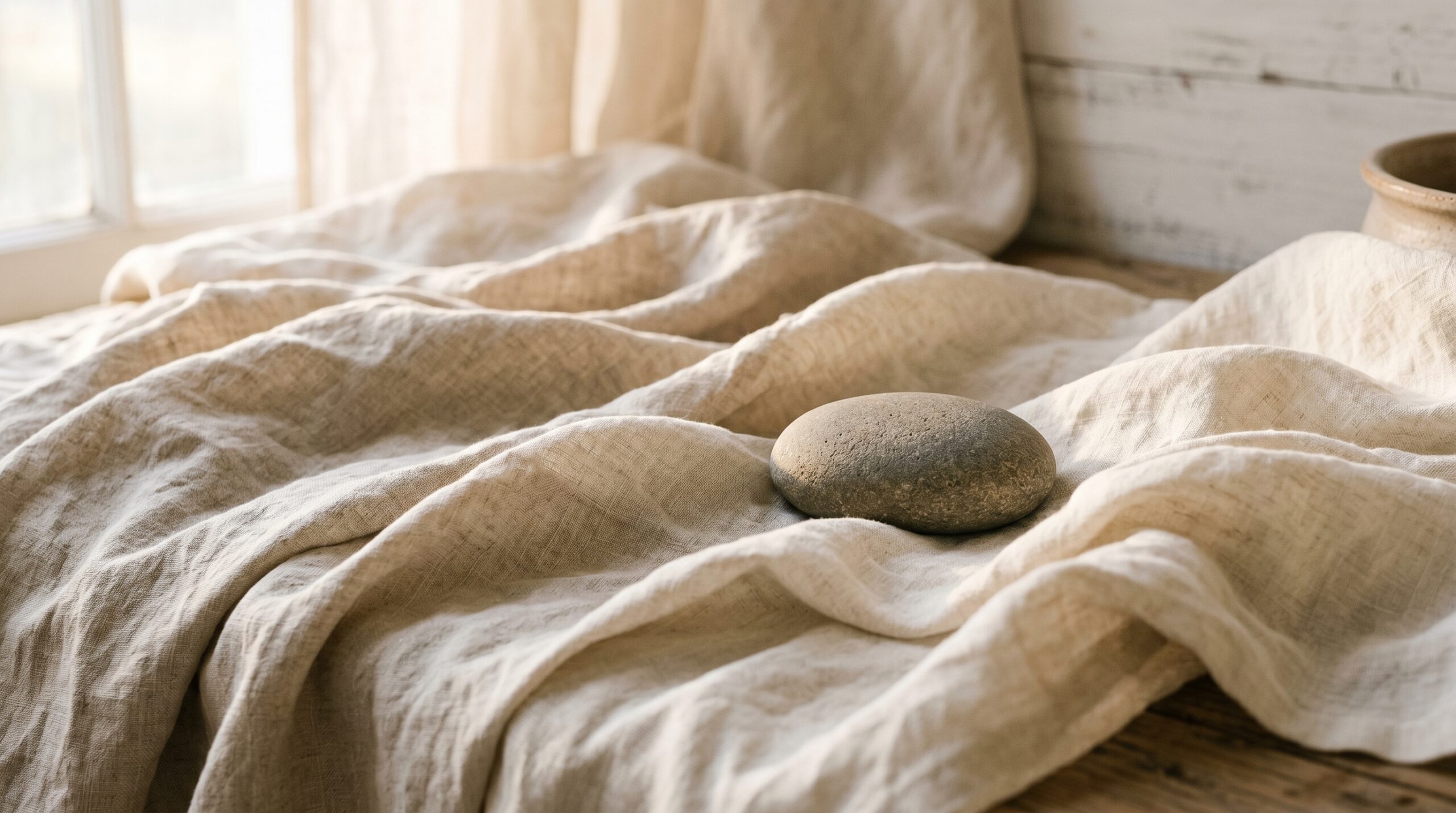 Soft draped linen and a smooth stone evoking released tension — calming wellness imagery