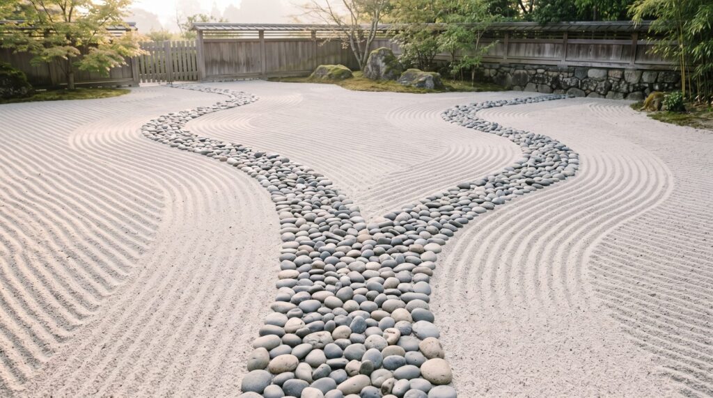 Two paths of smooth pebbles diverging across raked sand, representing a choice between two approaches to back pain