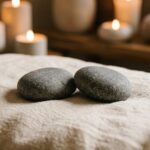 Two smooth stones resting side by side on soft linen in warm candlelight, symbolizing a shared, calming wellness experience