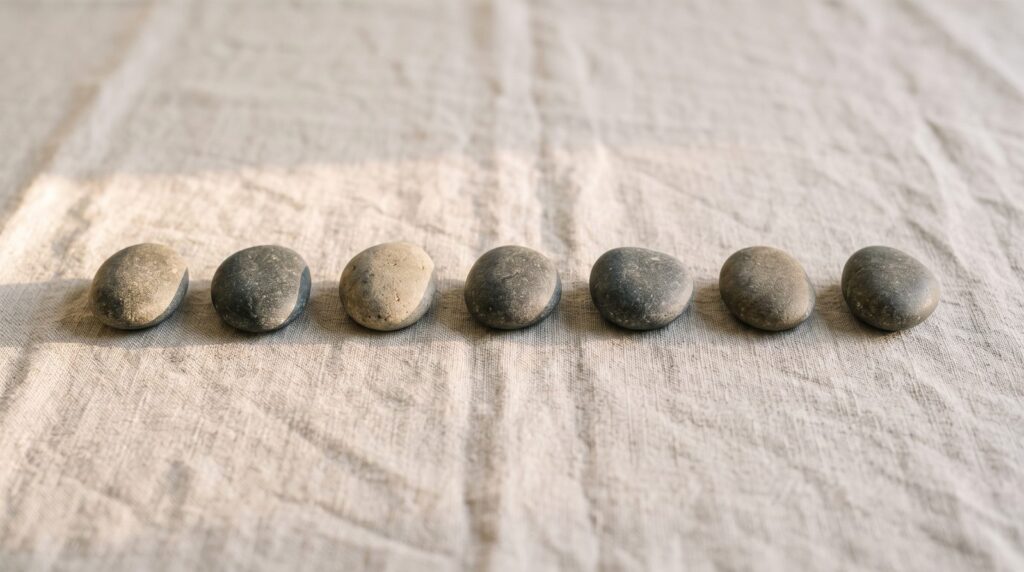 A neat row of seven smooth stones evenly spaced on soft linen, suggesting a steady, regular rhythm