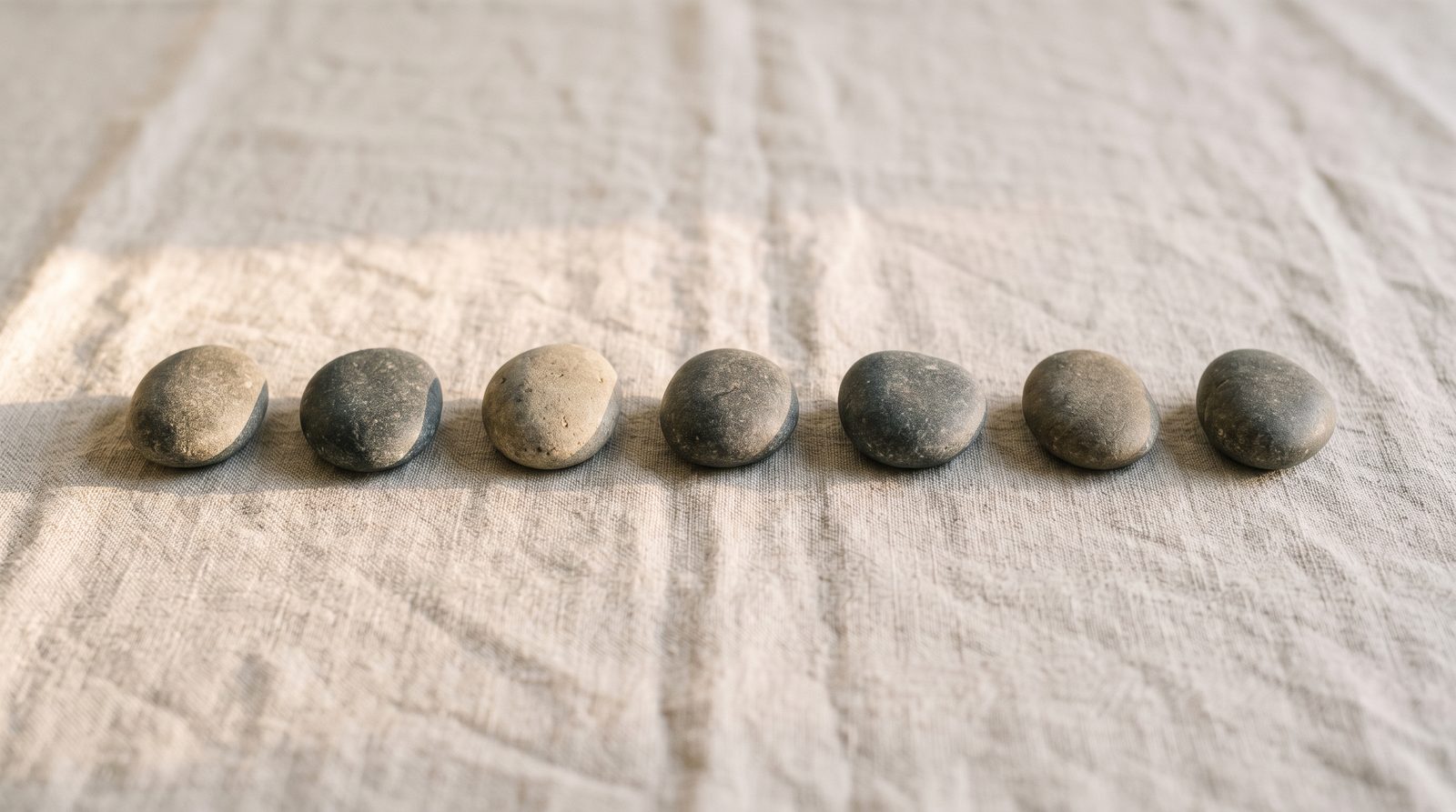 A neat row of seven smooth stones evenly spaced on soft linen, suggesting a steady, regular rhythm
