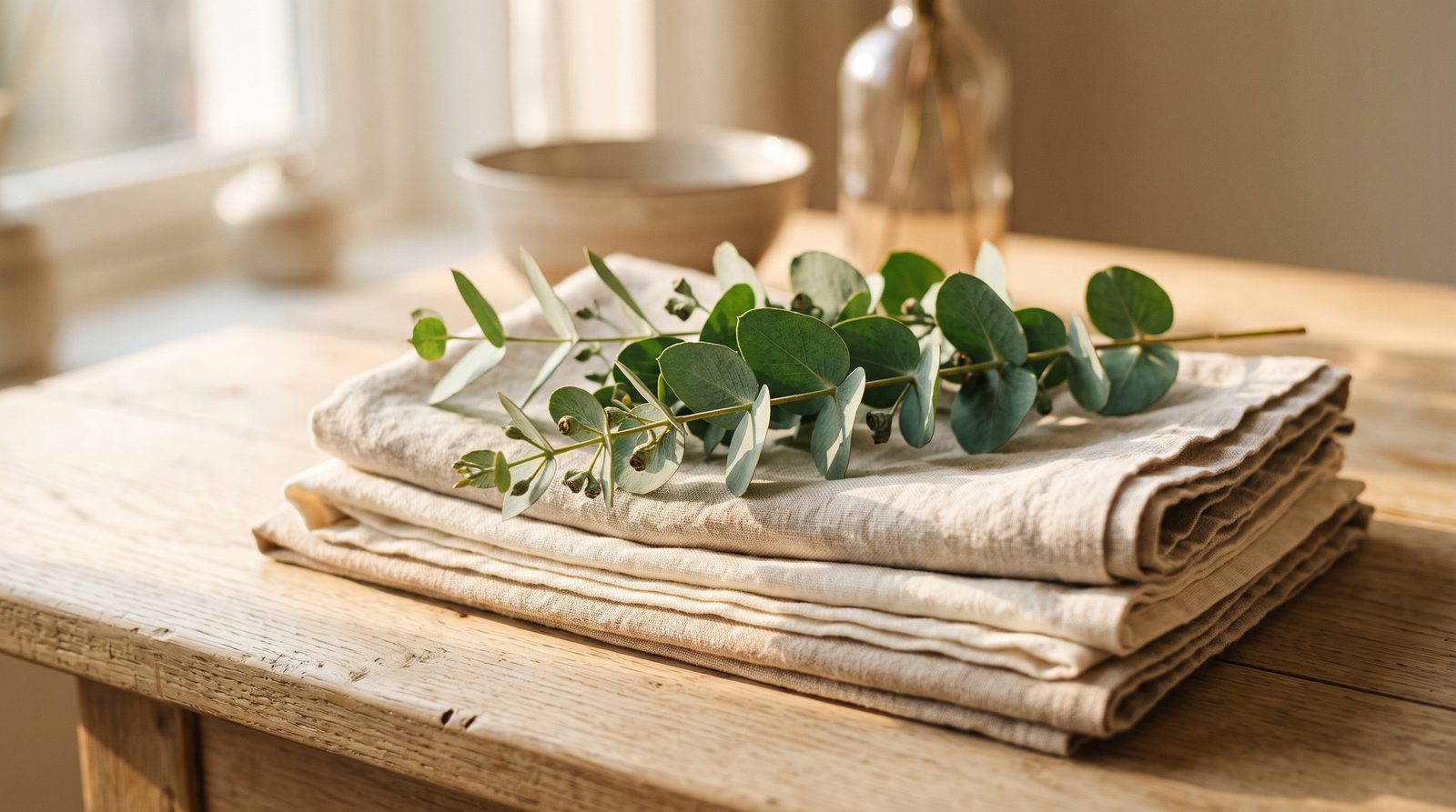 Warm sunlight across folded linen and a sprig of eucalyptus on a wooden surface, a gentle image of comfort and ease