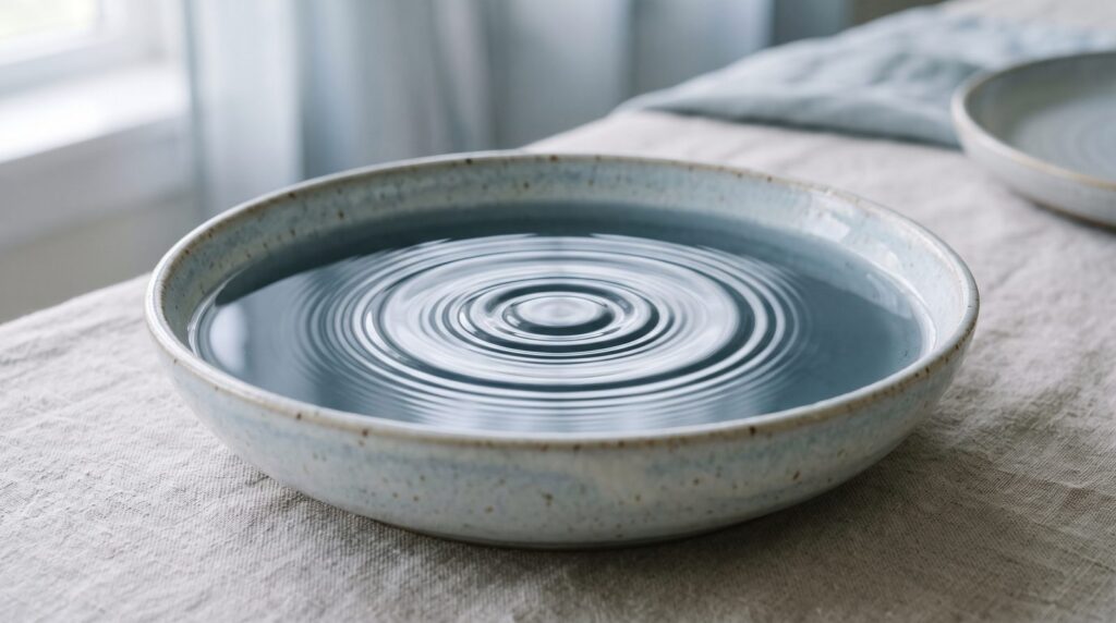 Soft ripples spreading across still water in a pale ceramic bowl, a calming image of tension easing