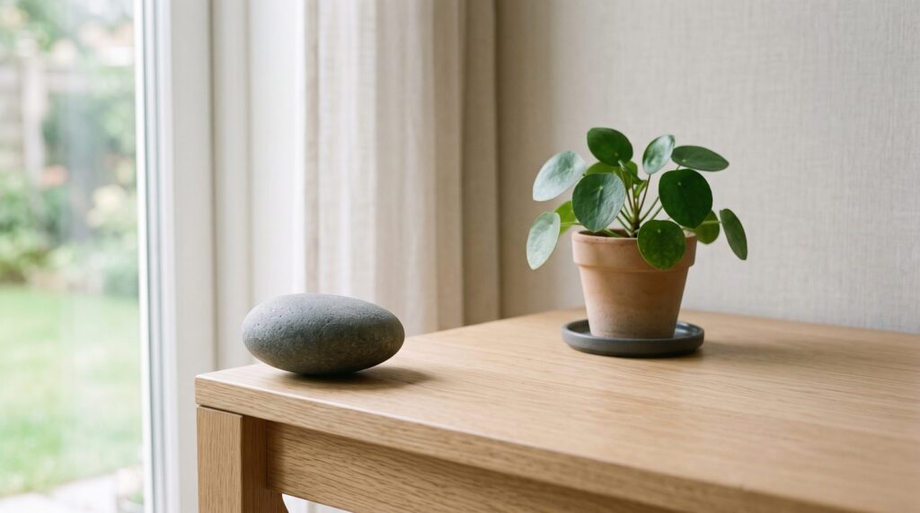 A single smooth stone balanced on the corner of a wooden desk beside a small plant in soft window light