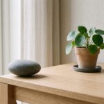 A single smooth stone balanced on the corner of a wooden desk beside a small plant in soft window light
