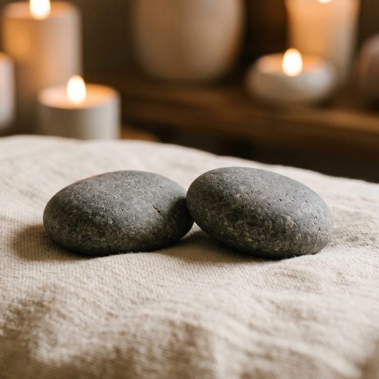 Two smooth stones resting side by side on soft linen in warm candlelight, symbolizing a shared, calming wellness experience