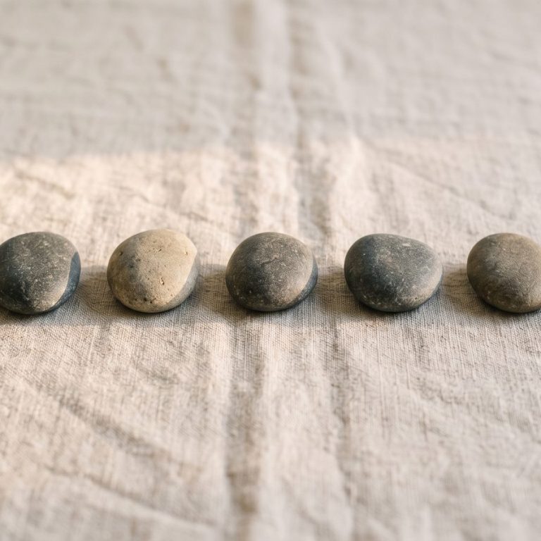 A neat row of seven smooth stones evenly spaced on soft linen, suggesting a steady, regular rhythm