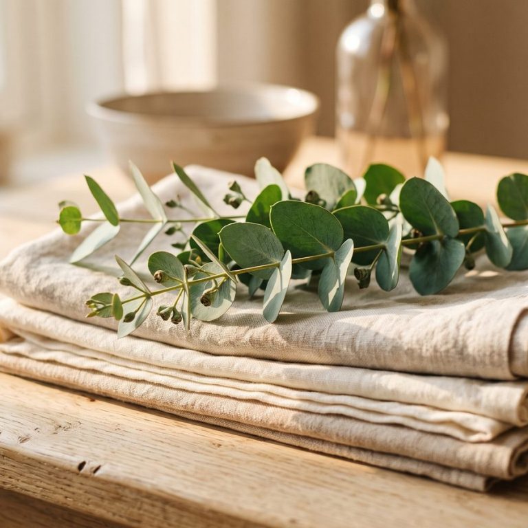 Warm sunlight across folded linen and a sprig of eucalyptus on a wooden surface, a gentle image of comfort and ease