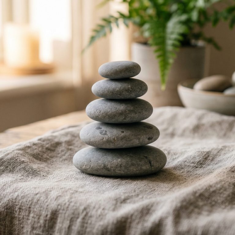 Balanced stacked smooth stones symbolizing relief and alignment — calming wellness imagery