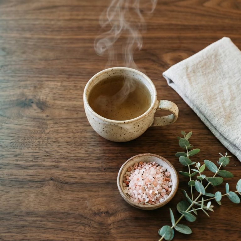Steaming herbal tea, linen towel, bath salts and eucalyptus on a wood table — weekly massage self-care essentials