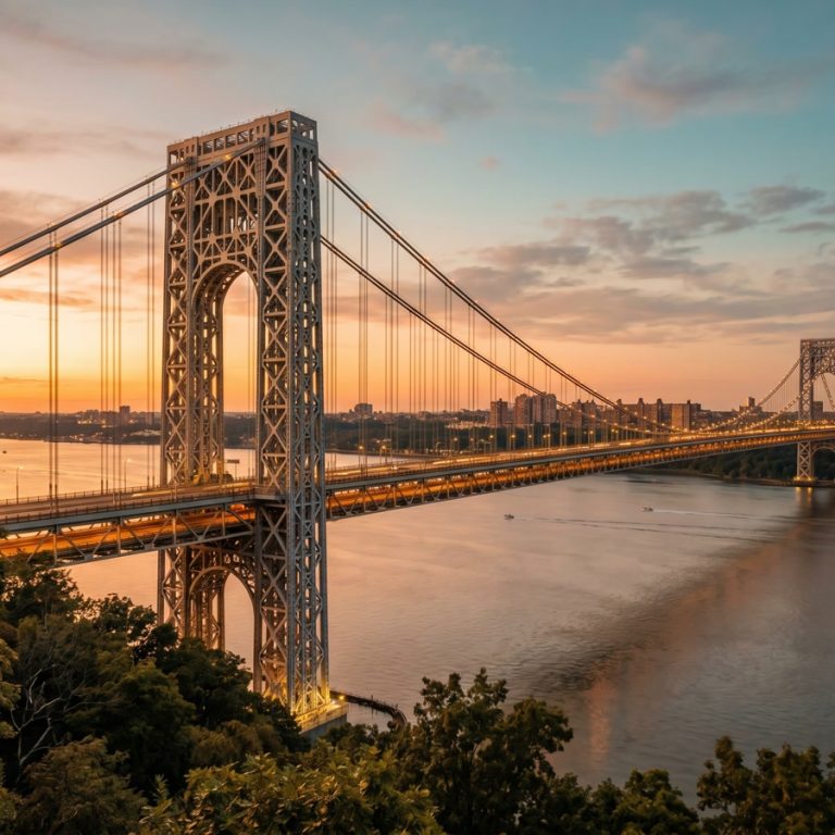 George Washington Bridge at golden hour over the Hudson River, viewed from Fort Lee NJ — Anmowell's home neighborhood